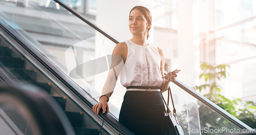 Image of Business, thinking and woman with a smartphone, escalator and connection for social media, texting and sms. Female person, employee and agent on a moving stairway, cellphone and ideas with thoughts