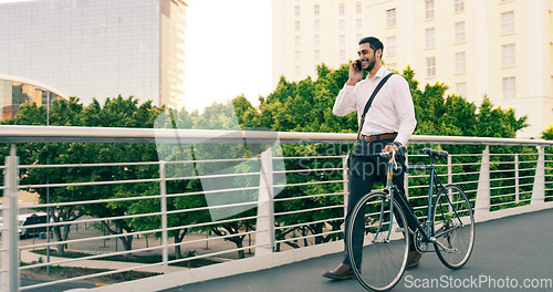 Image of Phone call, business man and bicycle in city to travel with eco friendly transport. Cellphone, bike and happy male professional talking, speaking and funny discussion while walking on street mockup.