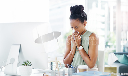 Image of Sick, allergy and blowing nose with business woman in office for illness, virus and hay fever. Sneeze, allergies and tissue with female employee at desk for cold, disease and influenza infection