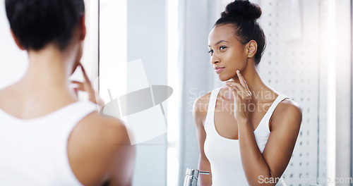 Image of Morning, mirror and beauty with woman in bathroom for skincare, cleaning and shower. Self care, glow and face with reflection of female person at home for wellness, hygiene routine and grooming