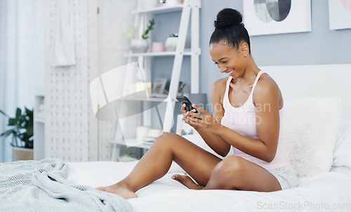 Image of Phone, happy and woman in bed laughing for social media post, internet humor and funny text message. Communication, home and female person in bedroom on smartphone for mobile app, website and online