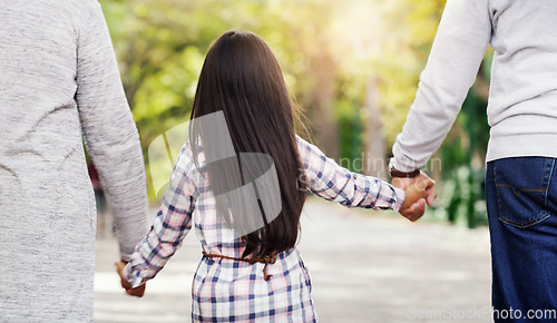 Image of Back, park and a girl holding hands with her grandparents while walking together in a garden during summer. Nature, family or kids and a female child, grandmother and grandfather bonding outdoor