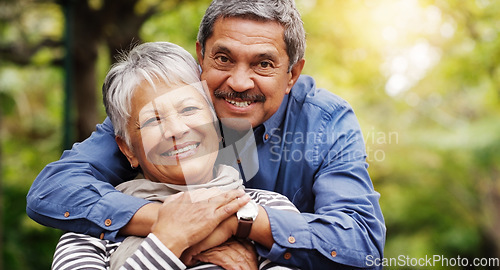 Image of Portrait, hug and senior couple with love, outdoor and relationship with happiness, romance and retirement. Face, happy partners and mature woman with elderly man, marriage and embrace in a park