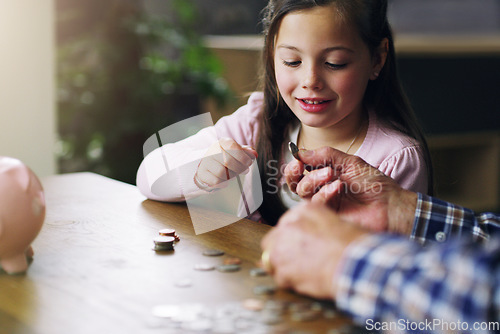 Image of Money, piggy bank and coins with child and grandfather for savings, investment and learning. Growth, cash and future with young girl and old man in family home for generations, finance and support