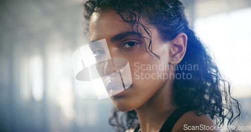 Image of Sweating, woman and face taking a break from fitness, exercise and workout with mockup. Gym, Indian female person and serious portrait of an athlete after sports and wellness club training for health