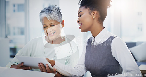 Image of Coaching, tablet and help with business women in office for website, research and teamwork. Collaboration, idea and training with employees in meeting for technology, connection and brainstorming