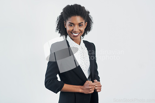 Image of Business, smile and portrait of black woman in studio isolated on a white background mockup space. Confidence, face and African female professional, entrepreneur or happy person from Nigeria.