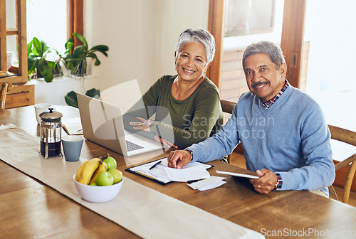 Image of Portrait, budget and senior couple with bills, paperwork and finance documents for life insurance. Retirement, planning and happy elderly man and woman on laptop for pension, payment and investment