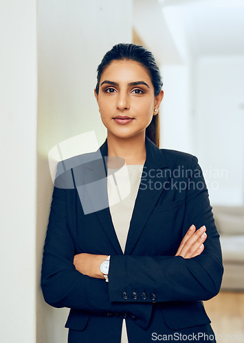 Image of Business woman, portrait and arms crossed of a lawyer employee at a law firm. Focus, company worker and female person with confidence and proud from professional attorney job and work success