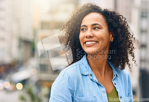 Image of Happy, smile and face of woman in city with happiness, freedom and confidence in urban town. Thinking, relax and beautiful, confident and African female person on weekend, holiday or free time travel