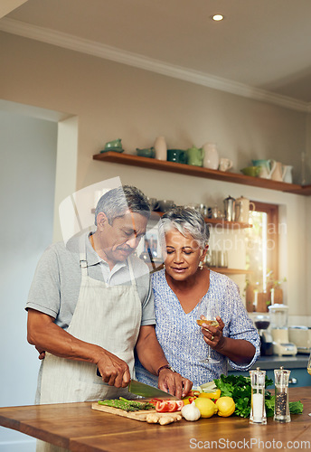 Image of Cooking, old man and woman with wine in kitchen, healthy food and marriage bonding together in home. Drink, glass and vegetables, senior couple with vegetables, meal prep and wellness in retirement.