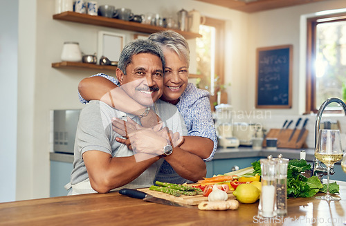 Image of Love, hug and cooking, portrait of old couple in kitchen with healthy food, happiness and diet together in home. Smile, senior man and woman in house for meal prep, embrace and wellness in retirement