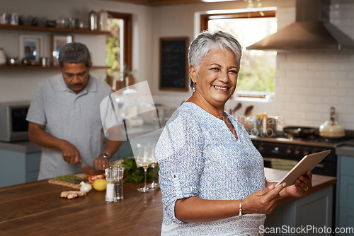 Image of Portrait of old woman at kitchen counter with man, tablet and cooking healthy food together in home. Digital recipe, smile and senior couple with meal prep, happiness and wellness diet in retirement.