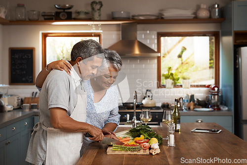 Image of Cooking, old man and woman with vegetables at kitchen counter, healthy food and marriage bonding in home. Salad, help and dinner, senior couple with happiness, vegetable meal prep and retirement diet