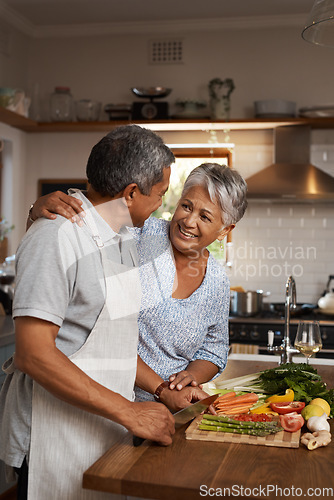 Image of Happiness, vegetables and old man with woman in kitchen, embrace and healthy marriage bonding in home for dinner. Love, help and cooking, senior couple with smile, hug and happy time in retirement.