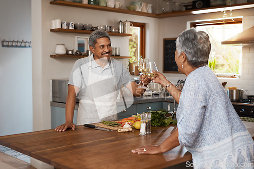 Image of Portrait of old woman in kitchen with man, tablet and cooking healthy food together in home. Digital recipe, smile and senior couple in house with meal prep, happiness and wellness diet in retirement