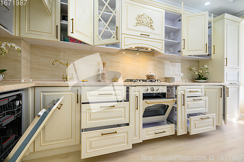 Image of Beige furniture at kitchen in provence style