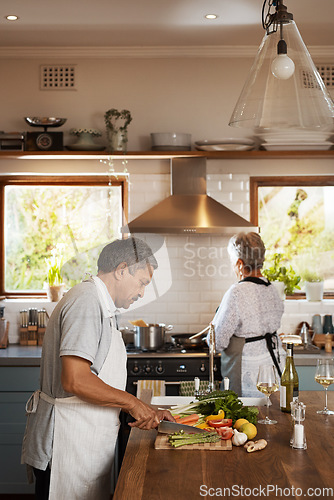 Image of Help, vegetables and old man with woman at kitchen counter, cooking and healthy marriage bonding in home. Marriage, love and food, senior couple at meal prep time for vegetable dinner in retirement.