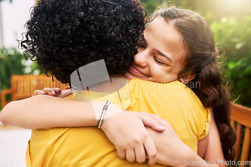 Image of Care, love and friends hug for support, trust and happy together in outdoor garden or park with happiness. Woman, girl and people connect in solidarity and reunion with a smile, young and excited