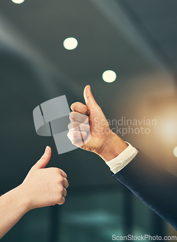 Image of Hands of business men with thumbs up in office for feedback, good news and agreement. Corporate workplace, teamwork and workers with gesture for thank you, support and yes sign for winner approval