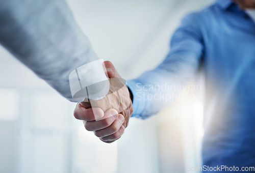 Image of Business people, partner and handshake in meeting, insurance agent welcome and introduction, agreement and success. Professional men or clients shaking hands for agency, interview or partnership deal