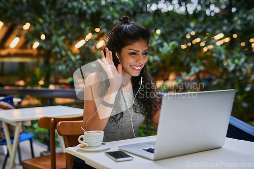 Image of Woman, laptop and on a video call at a cafe or freelance tutor or lecturer on online conference and meeting. Communication, female teacher and working remotely or learning or web and at coffee shop.