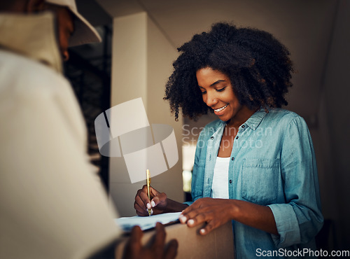 Image of Woman, man and front door with package, sign or e commerce for shipping service with smile at house. African girl, box or happy for supply chain, courier or logistics with mail, signature and paper