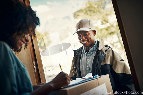 Image of Woman, man and front door with package, signature and e commerce for shipping service with smile at house. Girl, package and happy for supply chain, courier or logistics with mail, sign and paperwork