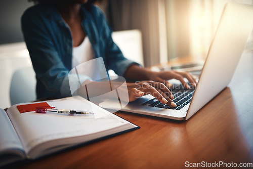 Image of Elearning woman hands, typing and laptop with education and learning notes at home. Student, female person and computer working with paperwork, notebook and writing in a house doing web research