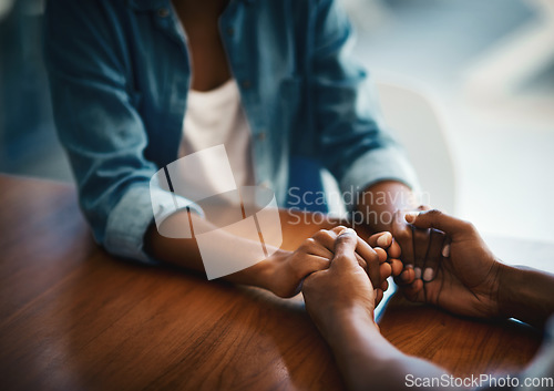 Image of Empathy, kindness and support with friends and holding hands for comfort, understanding and gratitude. Hope, help and trust with closeup of people at home for depression, praying and forgiveness