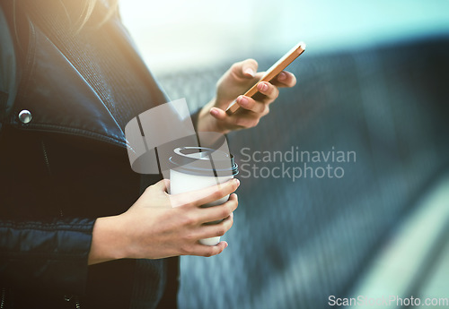 Image of Coffee, hands and phone for social media in city, internet scroll and web browsing mockup. Cellphone, hand and woman networking, texting online and messaging, website and mobile app outdoor on street