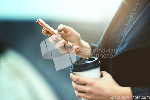 Image of Coffee, hands and cellphone for texting in city, internet scroll and web browsing mockup. Phone, hand and woman networking, online social media and messaging, website and mobile app outdoor on street