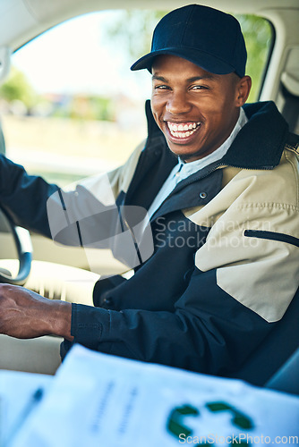 Image of Delivery, courier driver and portrait of black man for distribution, shipping logistics and transport. Ecommerce, supply chain and happy male worker in car or van to deliver package, order and parcel