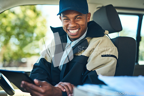 Image of Delivery, courier and portrait of black man on tablet for distribution, shipping logistics and transport. Ecommerce, van driver and happy male worker on digital tech for package, parcel or order