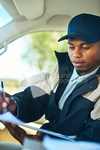 Image of Delivery, courier van and black man with clipboard for distribution, shipping logistics and transport. Ecommerce, online shopping and male worker with checklist to deliver package, order and product