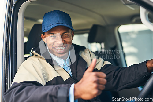 Image of Delivery van, courier and portrait of man with thumbs up for distribution, shipping logistics and transport. Ecommerce, yes gesture and happy African male driver to deliver package, order and parcel