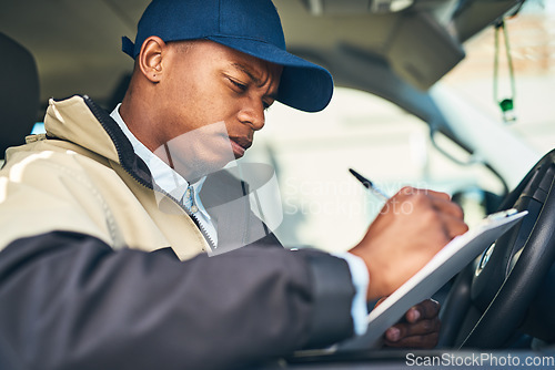 Image of Delivery, courier van and black man with checklist for distribution, shipping logistics and transport. Ecommerce, online shopping and male worker writing on form to deliver package, order and product