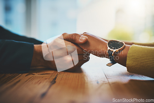 Image of Closeup, holding hands and couple with empathy, support and solidarity with comfort, forgive or grief. Zoom, man and woman with love, touching hand or gratitude with trust, help or kindness with hope