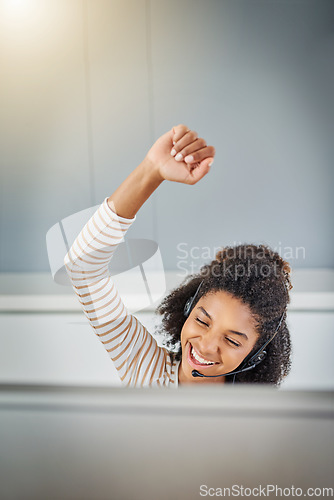 Image of Winner, call center success or excited black woman in celebration of deal, promotion or victory. Applause, smile or happy CRM consultant celebrates winning a bonus, target achievement or sales goals