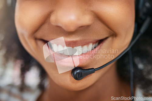 Image of Mic, mouth or happy woman in call center with smile talking, speaking or networking in tech support. Girl smiling, closeup or friendly sales agent in communication at customer services or telecom