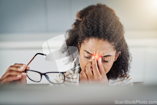 Image of Eye strain, burnout or black woman with headache, stress or exhausted with fatigue, anxiety or depression. Tired employee, glasses or journalist with migraine pain, red glow or frustrated by mistake
