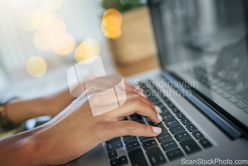 Image of Hands, editor or woman typing on laptop for networking on email or online research project on keyboard. Editing closeup, digital or girl copywriting on blog website, feedback or internet articles