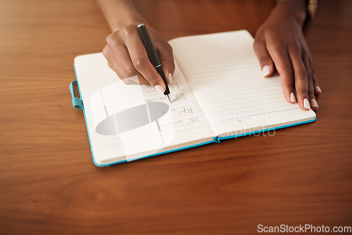 Image of Checklist, writing and hands of woman with notebook for planning, creative ideas and to do list at home. Brainstorming, tick notes and female person write goals, agenda and schedule in journal