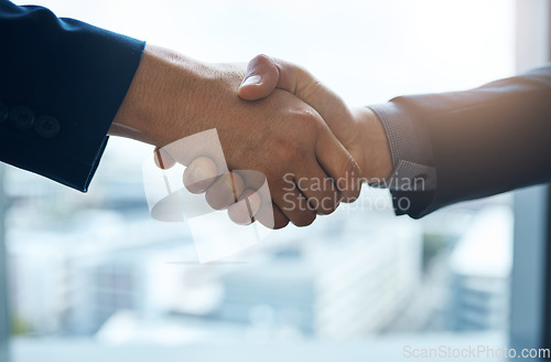 Image of Handshake, partnership and interview with business men in the office for agreement, deal or company merger. Meeting, b2b or welcome with people greeting at work in collaboration or to say thank you