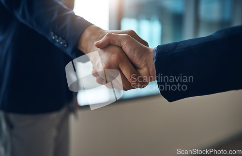 Image of Handshake, welcome and b2b with business men in the office for agreement, deal or company merger. Meeting, interview or partnership with people greeting at work in collaboration or to say thank you