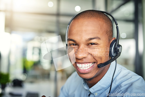 Image of Call center, customer service and portrait of happy black man for consulting, help and advice. Telemarketing, communication and male consultant smile for contact, crm support and networking in office