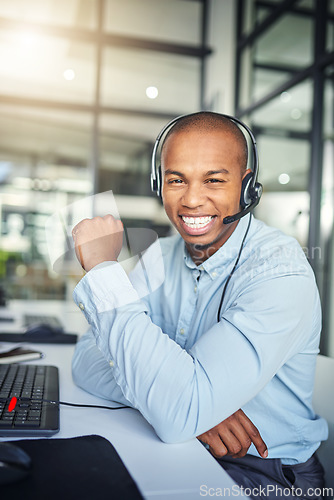 Image of Call center, customer support and portrait of happy black man for consulting, help and advice. Telemarketing, communication and male consultant smile for contact, crm service and networking in office