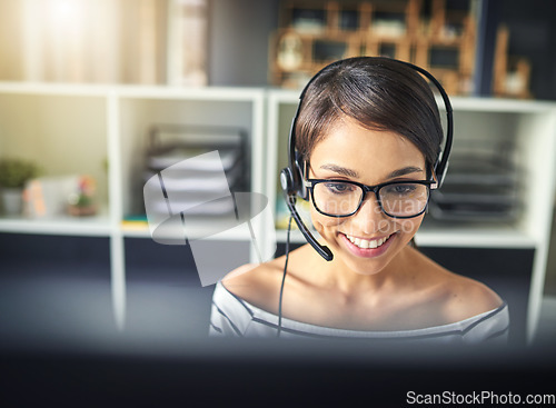 Image of Call center, customer service and face of woman on computer for consulting, help and advice. Telemarketing, communication and female consultant smile for contact, crm support and networking in office