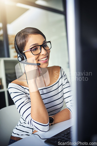 Image of Call center, happy and woman for customer service on computer for consulting, help and advice. Telemarketing, communication and female consultant for contact, crm support and networking in office