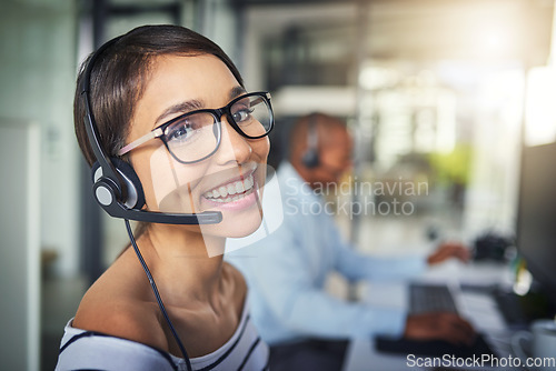 Image of Call center, customer service and portrait of woman with smile for consulting, help and advice. Telemarketing, communication and female consultant for contact, crm support and networking in office